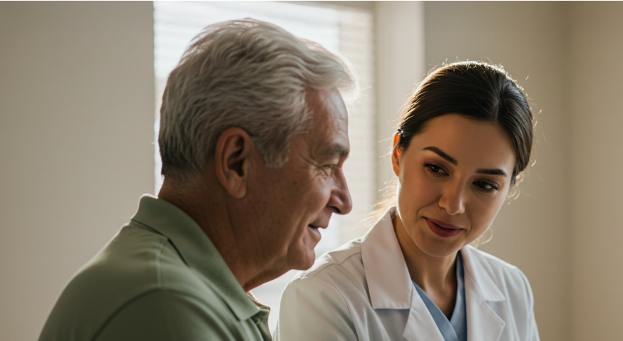 Médica orientando beneficiário sobre as condições do plano